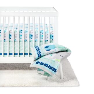 Crib Bedding Set Elephant Parade 4pc - Cloud Island - Light Blue/Gray