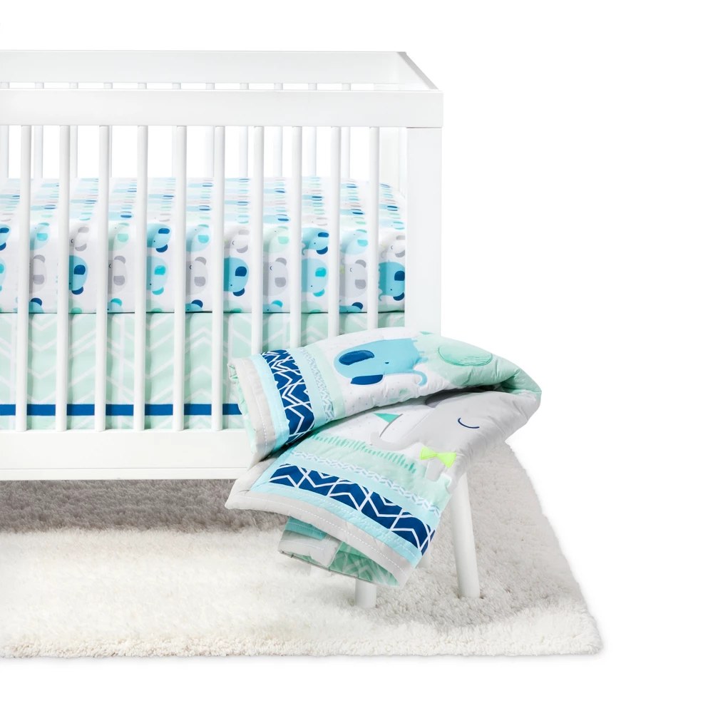Crib Bedding Set Elephant Parade 4pc - Cloud Island - Light Blue/Gray