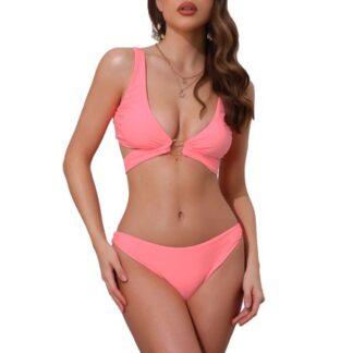 INSPIRE CHIC Women s Wide Strap O Ring Cut Out V Neck Bikini Sets 2 Pieces Tie Back Top Triangle Bottom Swimwear Suits X-Large Fluorescent Pink