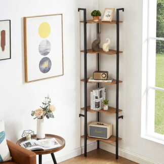 Corner Shelf Stand  5 Tier Industrial Corner Bookshelf  Tall Corner Plant Shelf with Metal Frame  Multipurpose Open Corner Shelves Display Shelf for Small Space  Office  Bedroom  Brown