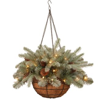 National Tree 20" "Feel Real" Frosted Artic Spruce Hanging Basket with Cones and 35 Warm White Battery Operated Led Lights with Timer