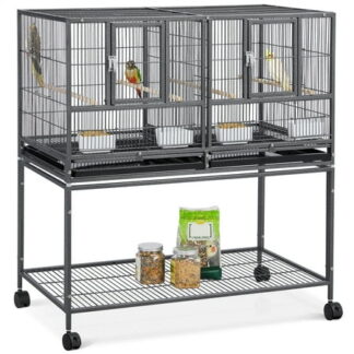 Alden Design Stackable Wide Divided Metal Bird Breeder Cage with Rolling Stand  Black
