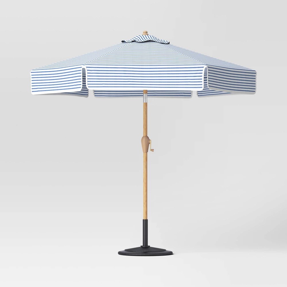 6.5'x6.5' Valence Outdoor Patio Umbrella with Trim Blue/Ivory - Threshold™ designed with Studio McGee