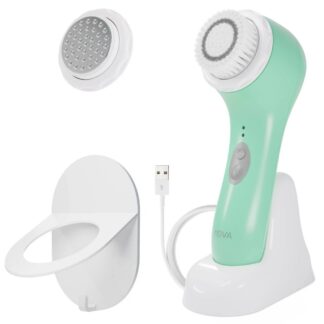 Spa Sciences NOVA Facial Cleansing Brush Sonic Facial Cleansing for Exfoliation Includes Antimicrobial Brush Sensitive Skin Brush and Serum Infuser Mint