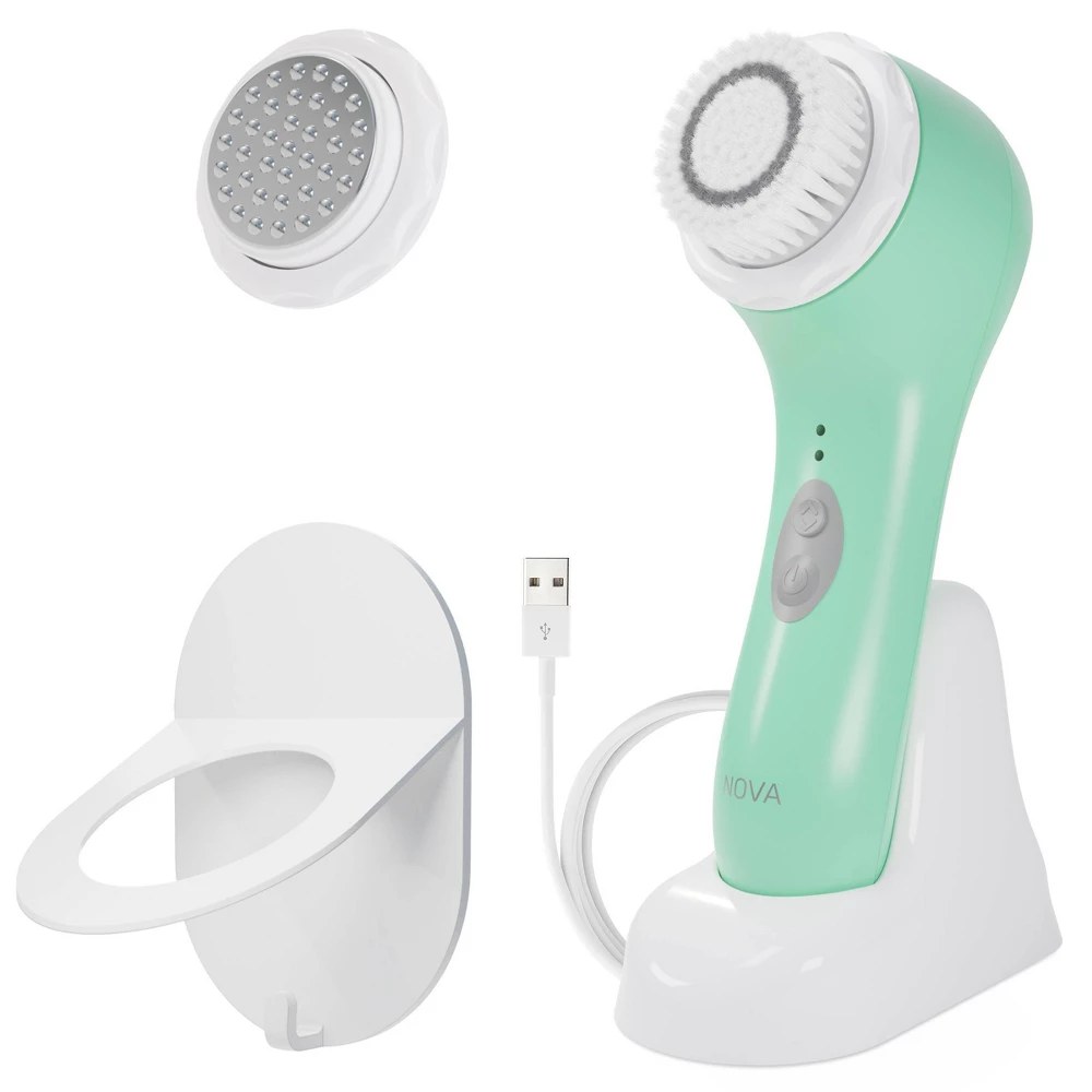 Spa Sciences NOVA Facial Cleansing Brush Sonic Facial Cleansing for Exfoliation Includes Antimicrobial Brush Sensitive Skin Brush and Serum Infuser Mint
