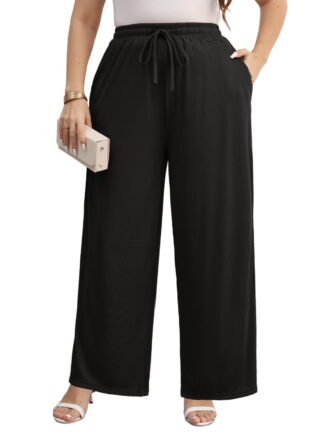 Miluxas Cotton Linen Pants for Women Solid Casual Elastic High Waisted Pull On Straight Leg Trousers with Pockets Black