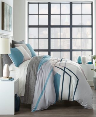 City Scene King Thornton Duvet Cover Set Blue: Microfiber, Reversible, Geometric Pattern, Zipper Closure