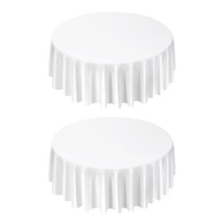 KFFKFF White Round Tablecloths  Set of 2  120-Inch Diameter  Durable Polyester Fabric  Stain- and Wrinkle-Resistant  Machine Washable Covers for Weddings  Parties  Banquets  and Formal Gatherings