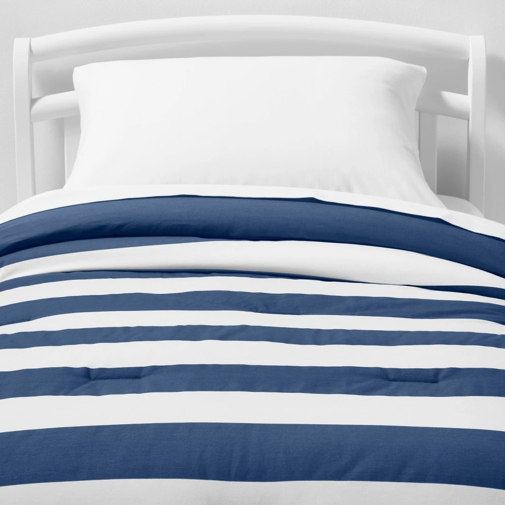 Toddler Rugby Striped Kids' Comforter Navy - Pillowfort™: OEKO-TEX Certified, Toddler Bedding, 58"x42"