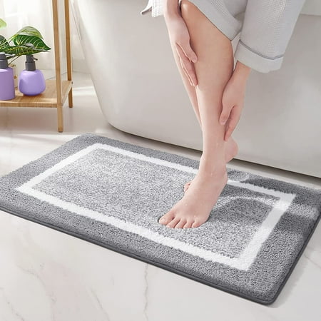 PABUBE Bathroom Rug Soft Absorbent Bathroom Mat and Bath Mat Premium Microfiber Shag Bath Rug Machine Washable (15.7 x24 Grey and White)