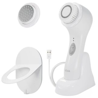 Spa Sciences NOVA Facial Cleansing Brush Sonic Facial Cleansing for Exfoliation Includes Antimicrobial Brush Sensitive Skin Brush and Serum Infuser White