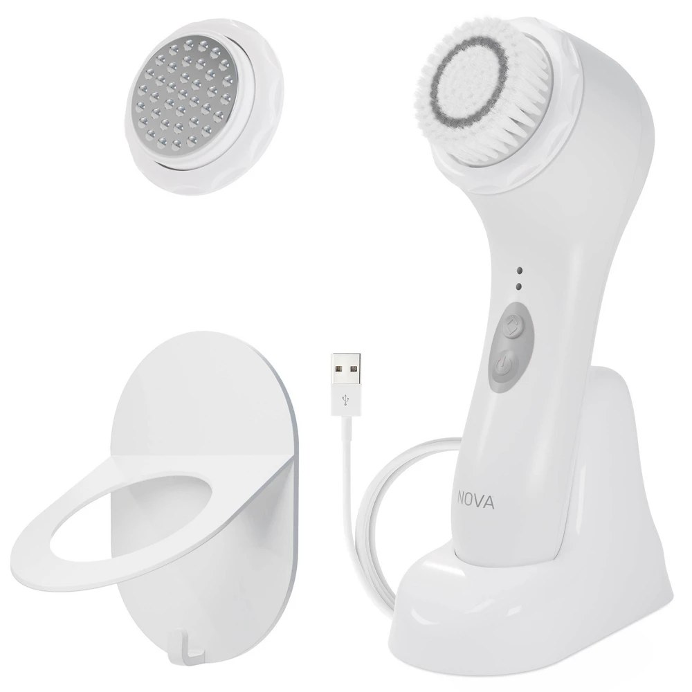 Spa Sciences NOVA Facial Cleansing Brush Sonic Facial Cleansing for Exfoliation Includes Antimicrobial Brush Sensitive Skin Brush and Serum Infuser White