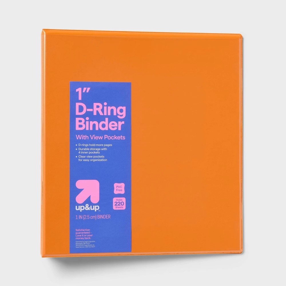 1" 3 Ring Binder Clear View Orange - up&up™: 220 Sheet Capacity, 4 Internal Pockets, D Rings, Metal & Polypropylene