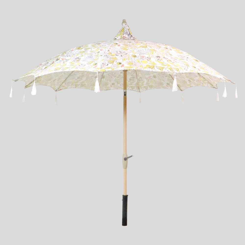 9' Party Floral Pagoda Patio Umbrella White Tassels- Light Wood Pole - Opalhouse