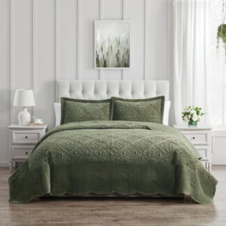 VCNY 3pc Full Westland Quilted Plush Bedspread Set Olive Green: Hypoallergenic, Scalloped Edging, Embroidered Details