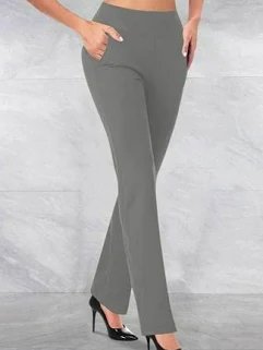 Oiangi Dress Pants for Women Straight Leg Elastic Waist Slacks Casual Office Work Pockets Trousers Gray S