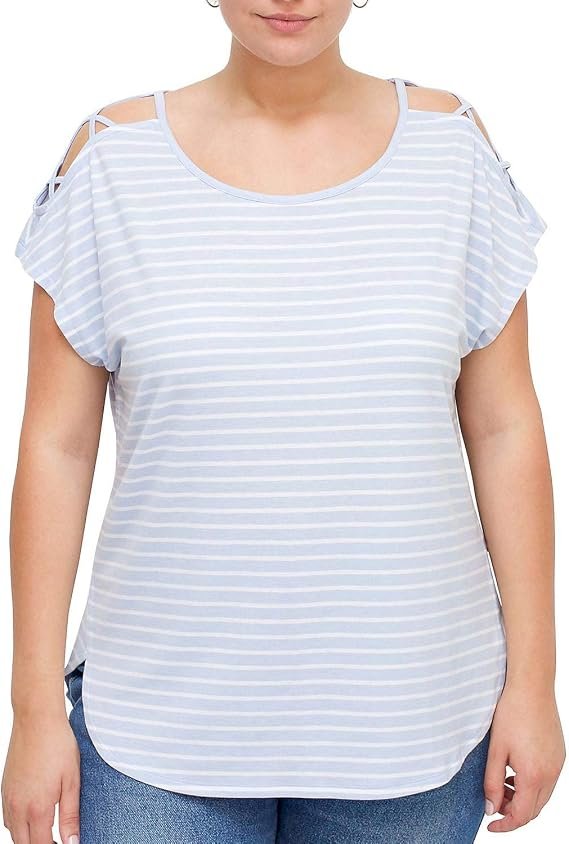 Plus Size Open Shoulder Criss Cross Short Sleeve Top-Heather Blue Size 1X
