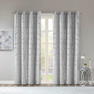 Metallic Print Grommet Top Curtain White/Silver
