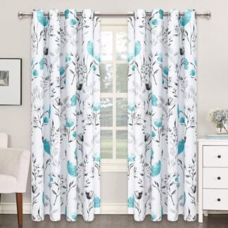 Alishomtll Watercolor Gray Teal Floral Window Curtains for Living Room Light-filtering Grommet Drapes, 52"x 63",Set of 2