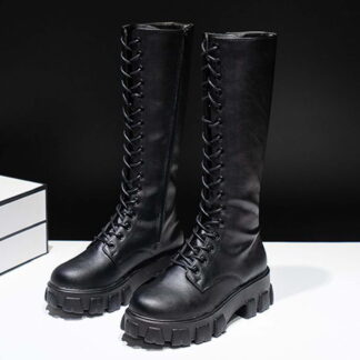 Viluyesy Womens Tall Boots, Thick Sole Knee High Shoes Lace Up Zipper Fashion Combat Moto Boots Black US9.5
