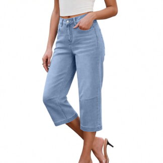ClodeEU Women's Summer Straight Leg Capri Jeans with Pockets ,Solid Color Casual Denim Cropped Pants Light Blue,Womens P