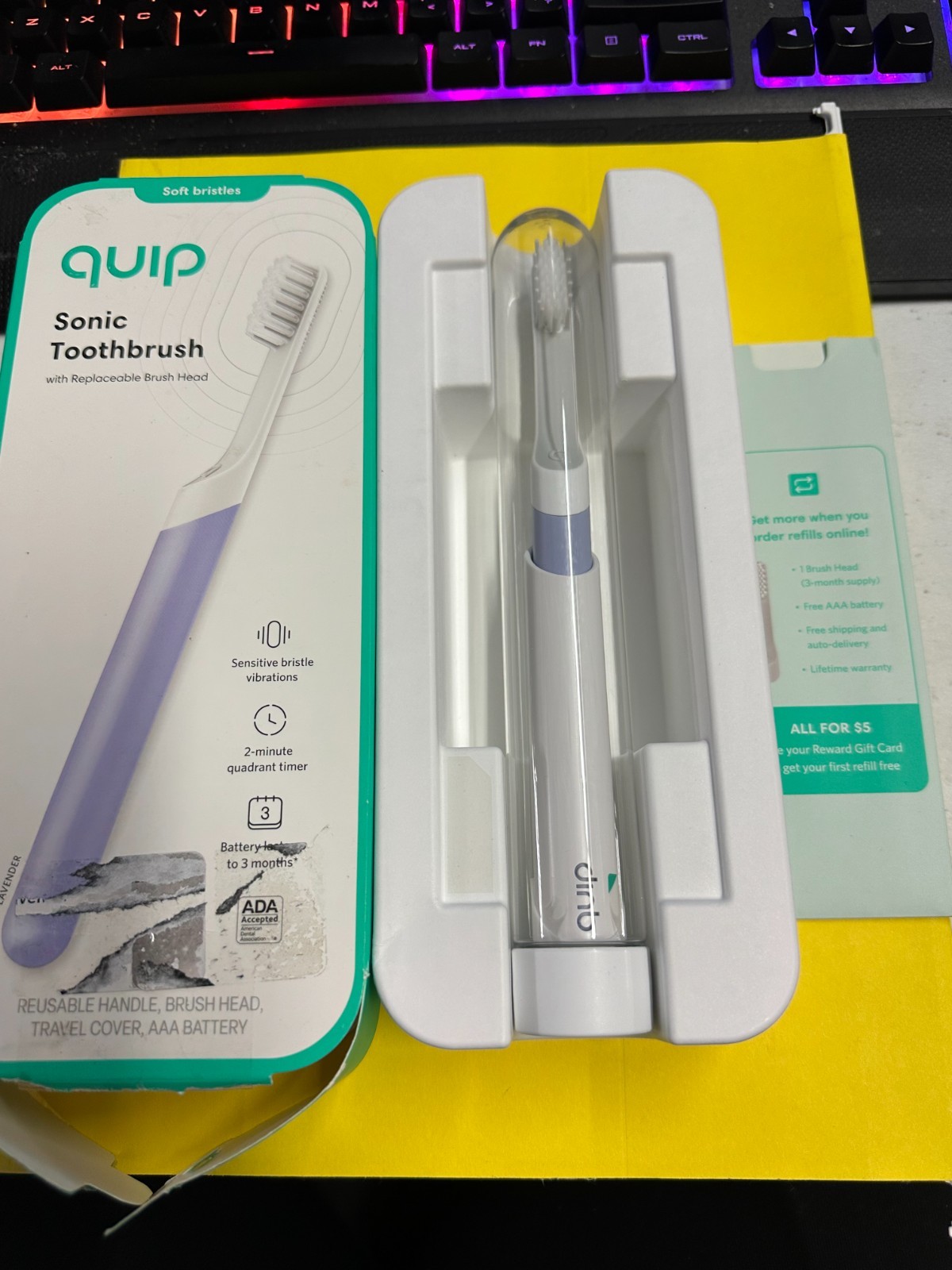 QUIP Adult Electric Toothbrush Sonic Vibrating Bristles - Lavender . Open Box