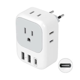 Type C US to EU Travel Plug Adapter with 4 AC Outlets & 3 USB Ports (Incl. USB-C), White