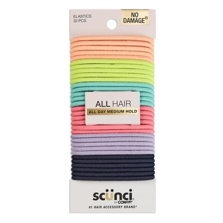 Scunci No Damage Elastic Stretch Nylon Ponytail Holder Hair Ties Bright Multi-Color 32 Ct