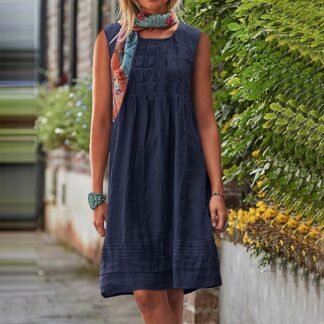 Neewe Women's Summer Cotton Linen Midi Dress Loose Casual Plain Round Neck Strap Short Pleated Tunic Waist Dresses Daily