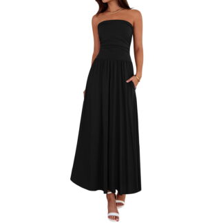 LWavelet Women's Strapless Ruched Waist Maxi Dress with Pockets for Party & Casual Wear Black M