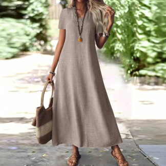 Cotton Linen Blend Maxi Dresses for Women, V-Neck Short Sleeve Loose Fit Casual Long Dress Khaki XL