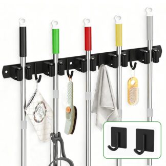 Wall Mount Mop and Broom Holder, 5 Racks 4 Hooks Heavy Duty Metal Organizer, Adhesive & Drillable