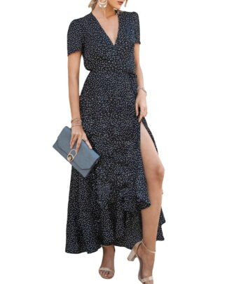 PRETTYGARDEN Women's Summer Wrap Maxi Dress Casual Boho Floral V Neck Short Sleeve Ruffle Hem Split Beach Long Dresses