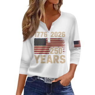 USA 250th Anniversary V Neck T Shirt Women 3/4 Sleeve Button Down American Flag 250 Years Tops