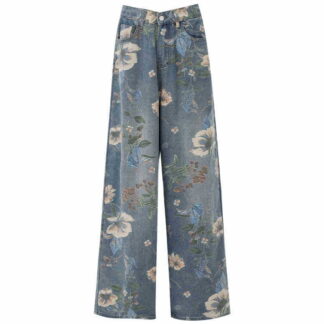 Summer floral print wide-leg jeans for women, American retro high-waisted slimming straight-leg floor-length pants