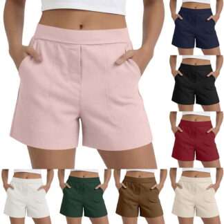 Womens Mid Rise Shorts Elastic Waisted Straight Leg Solid Color Pull On Summer Short for Women with Pockets 4th of July (UPC 24790)