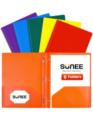 SUNEE 3-Prong Plastic Folders with Pockets 6 Color Heavy Duty Two Pocket Folder