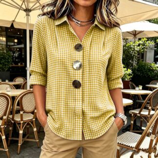 Womens Plus Size Tops Cotton Linen 3/4 Sleeve Shirts for Women Button Down Plaid Printed Lapel Loose Summer Fall Top S-4XL