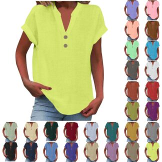 Plus Size Tops Sawvnm Women's Fashion Solid Button Shirt Female V-Neck Loose T-shirt Blouse Green XL