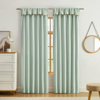 Ecologee Jack 100% Blackout Rod Pocket Back Tab Single Indoor Curtain Panel with attached Valance with Buttons  Sage  38  W x 84  L