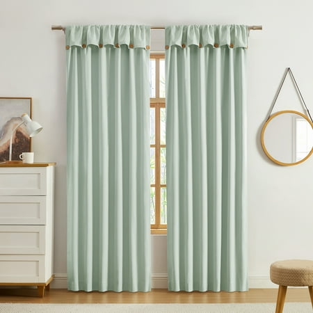 Ecologee Jack 100% Blackout Rod Pocket Back Tab Single Indoor Curtain Panel with attached Valance with Buttons Sage 38 W x 84 L