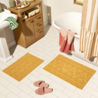Beautiful Floral Block Scallop 2 Piece Bath Rug Set by Drew Barrymore, Amber Yellow, 17" x 24" & 20" x 30"