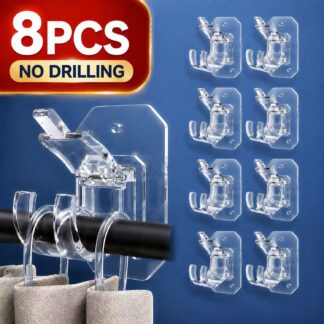 Genreen 8-Pack Self-Adhesive No-Drill Curtain Rod Brackets – Transparent, Nail-Free Adjustable Hooks for Bathroom & Kitchen