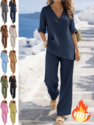 Mifsaly 2 Piece Linen Set for Women Short Sleeve V Neck Tunic Tops and Straight Leg Long Pants with Pockets Lightweight Loose Summer Travel Matching Outfits Navy,L