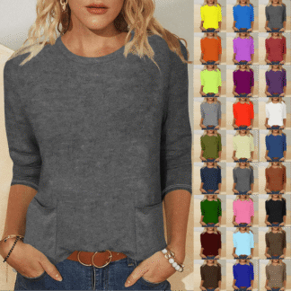 Women's Casual 3/4 Sleeve Length T-Shirts Tunic Tops Round Neck Loose Fit Basic Tee Solid Color Blouse for Work Daily