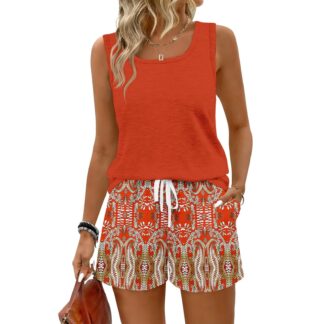Bbyeadc 2-Piece Short Set for Women, Sleeveless Tank Top and Drawstring Shorts, Orange (L)