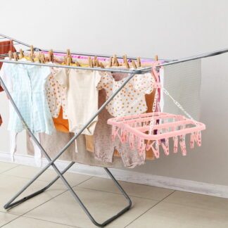 2Pcs Foldable Clothes Drying Rack in Pink with 32 Clips for Socks and Small Laundry