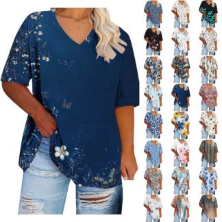 Women tshirts Sawvnm Women's Plus-Size V-Neck Short Sleeved Printing Base Shirt XL