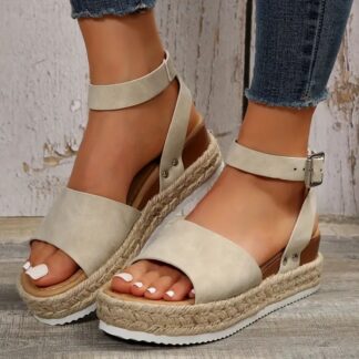 BERANMEY Open Toe Buckle Ankle Strap Espadrilles with Flatform Wedge Sandals For Women - Casual Platform Sandals Women C
