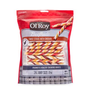 Ol' Roy Rawhide Chicken Sticks, Dog Treats, Beef hide Twists Chicken Flavor 23.6 oz, 5 Inch, 100 Count
